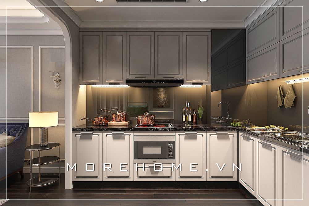 Mẫu tủ bếp gỗ tự nhiên màu trắng, với thiết kế đường nét tân cổ điển nhẹ nhàng, sang trọng cho phòng bếp cao cấp Tủ bếp